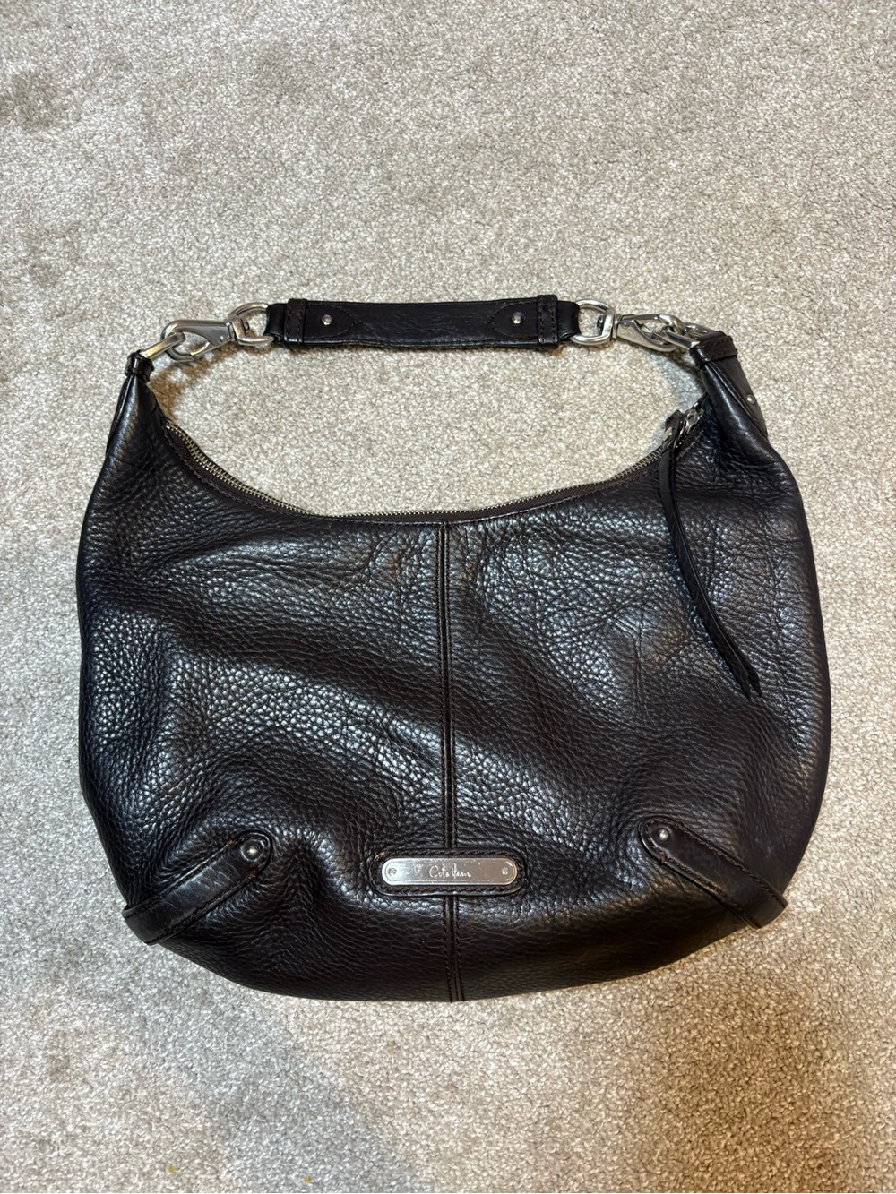 Cole Haan Black Pebbled Leather Hobo Shoulder Bag with Silver Hardware